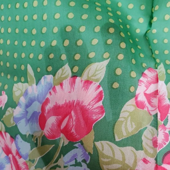 Vintage Silk Scarf Square Green Pink Floral Polka Dot 29"  Hand Rolled - Picture 9 of 10